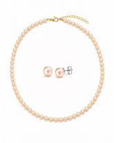 Soft Peach Round Pearl Necklace & Peach Pearl Studs Set