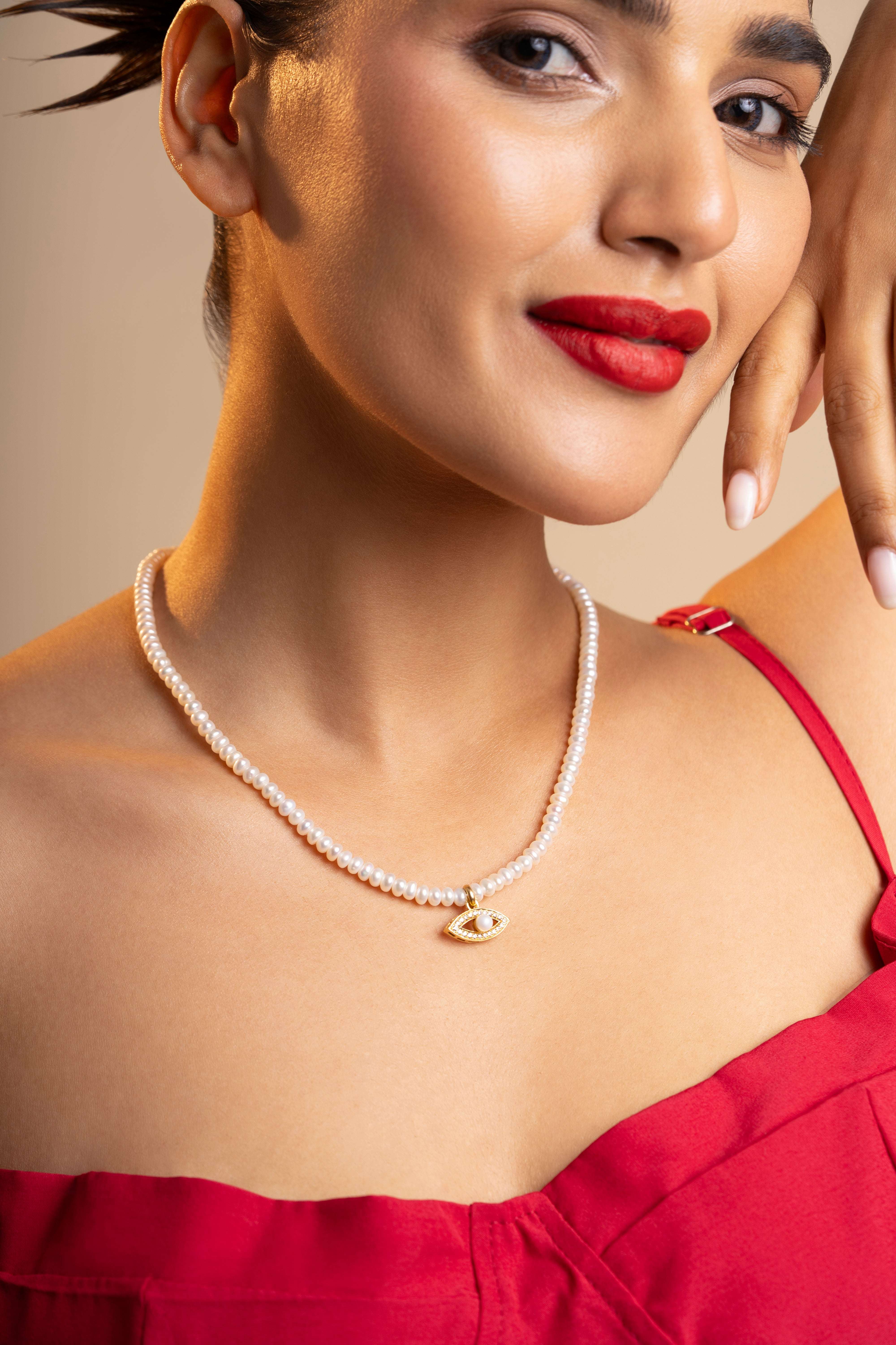 Omamori - Freshwater Pearl Necklace with Lab Grown Diamond Evil Eye Pendant