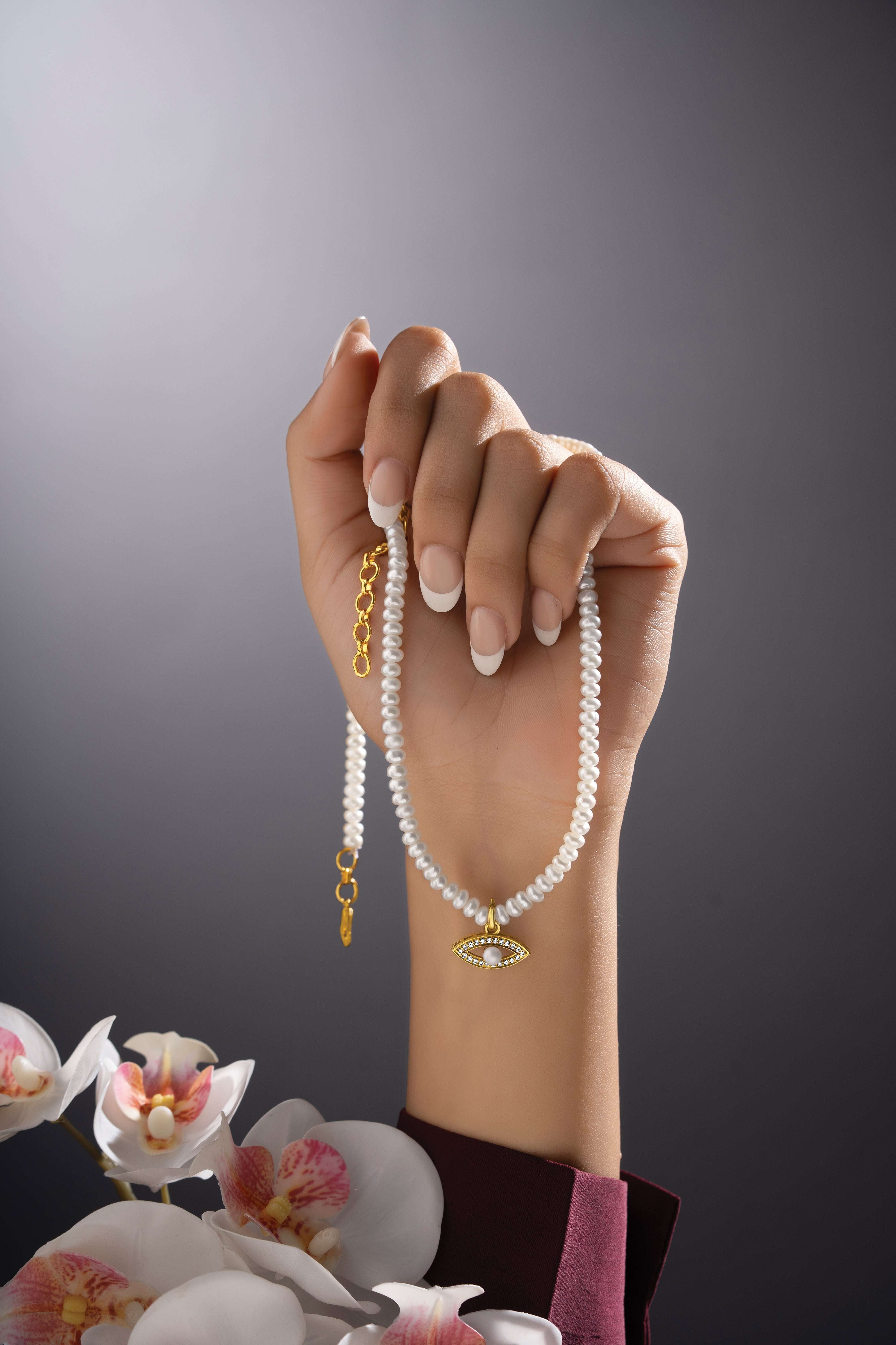 Omamori - Freshwater Pearl Necklace with Lab Grown Diamond Evil Eye Pendant