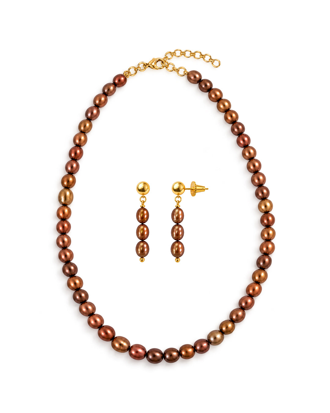 Caramel Brown Pearl Necklace & Earring Set