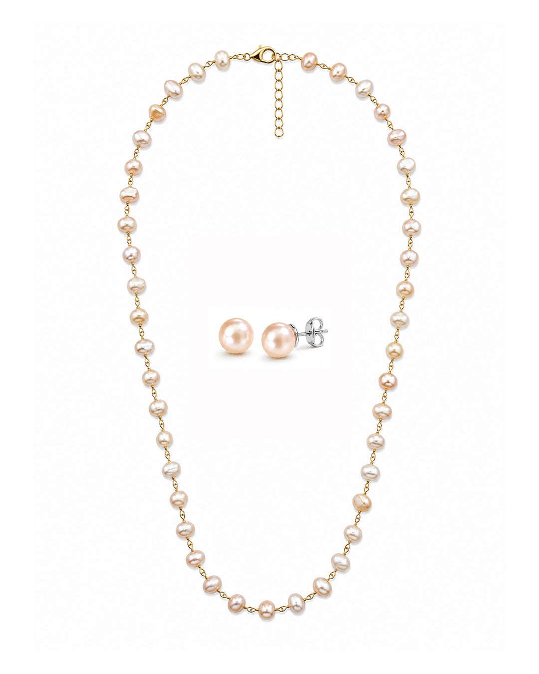 Peach Pearl Long Chain Necklace & Peach Pearl Studs Set