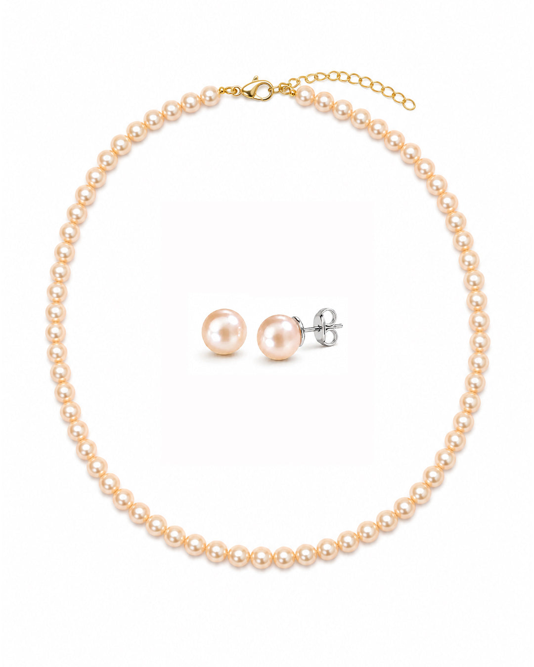 Soft Peach Round Pearl Necklace & Peach Pearl Studs Set