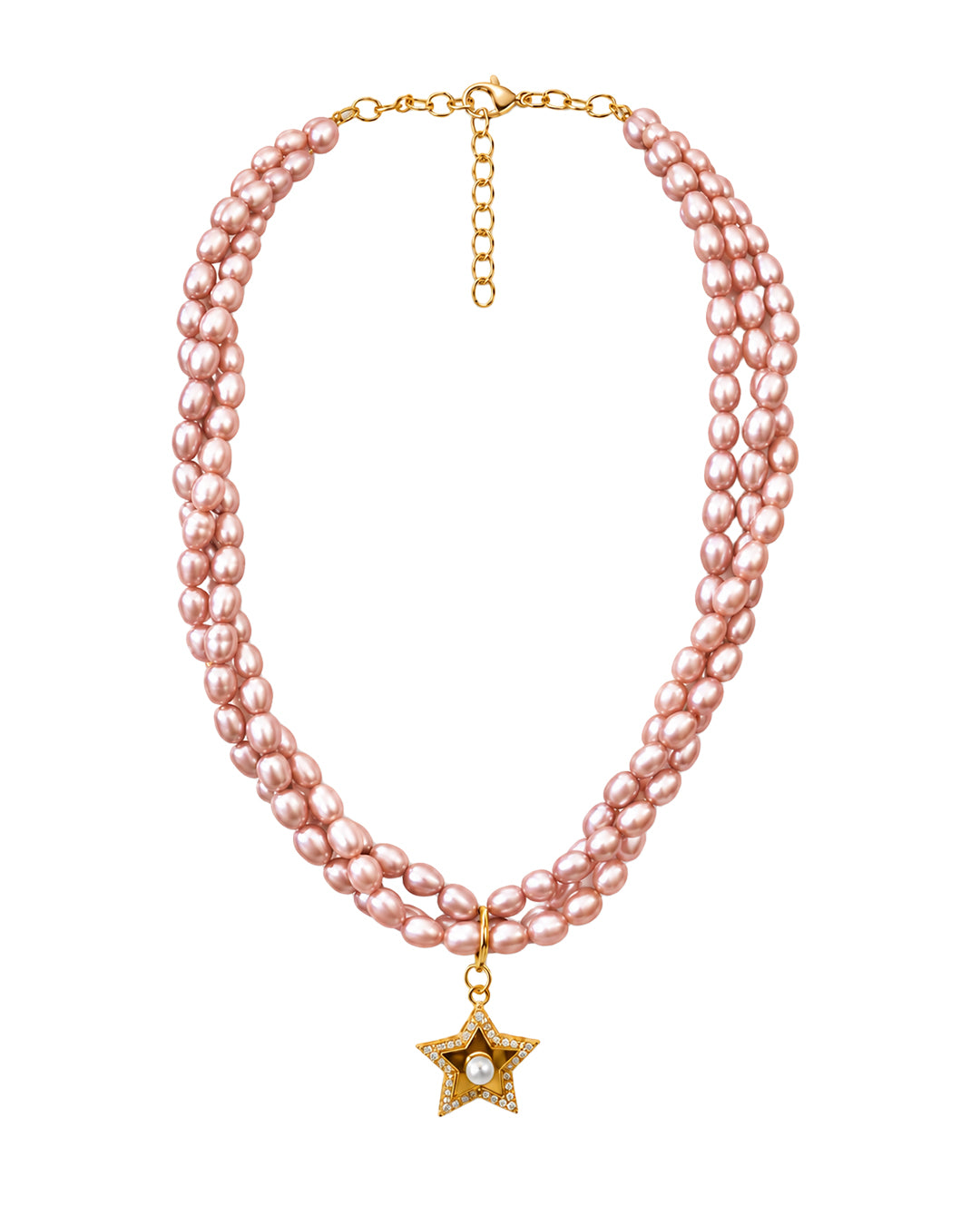 Triple Twist Peach Pearl Necklace with Diamond Star Pendant