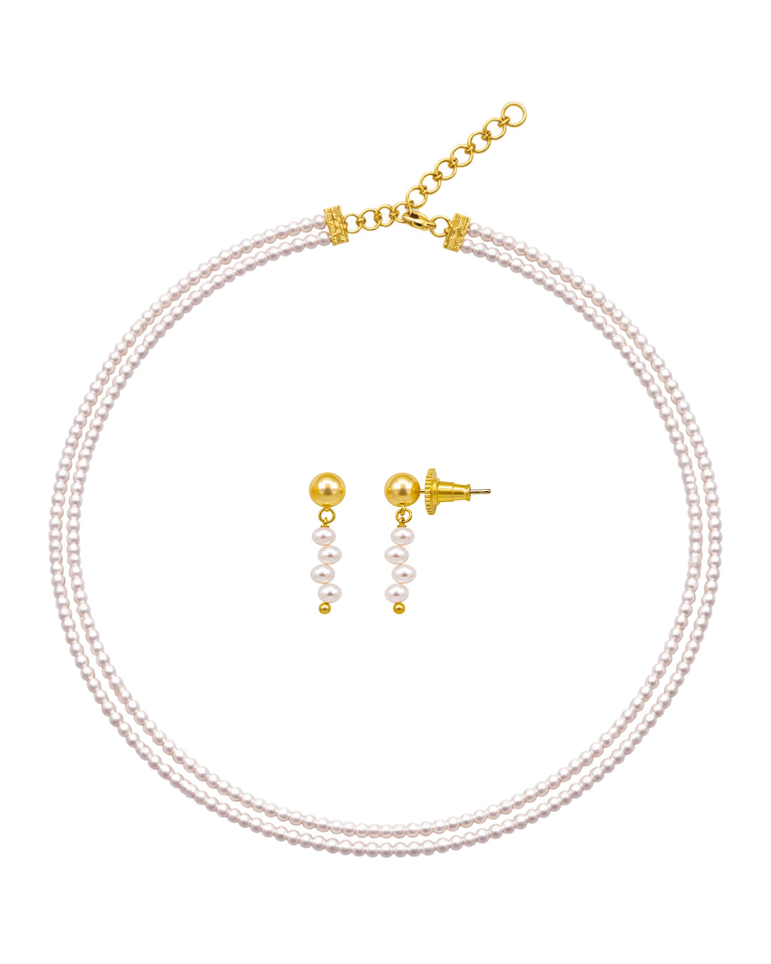 Two Layer Round Pearl Necklace & White Pearl Drop Earring Set