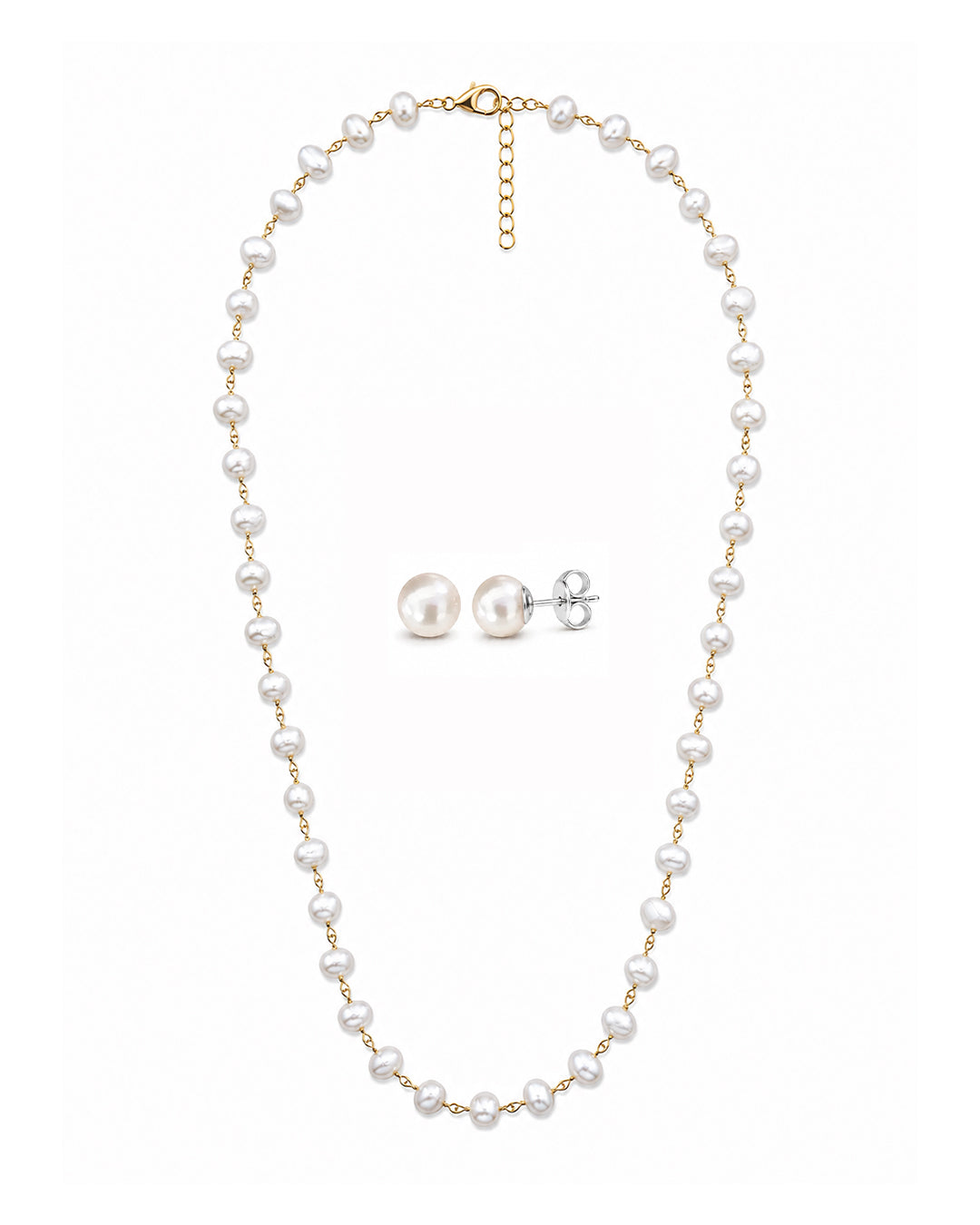 White Pearl Long Chain Necklace & Classic White Pearl Studs Set